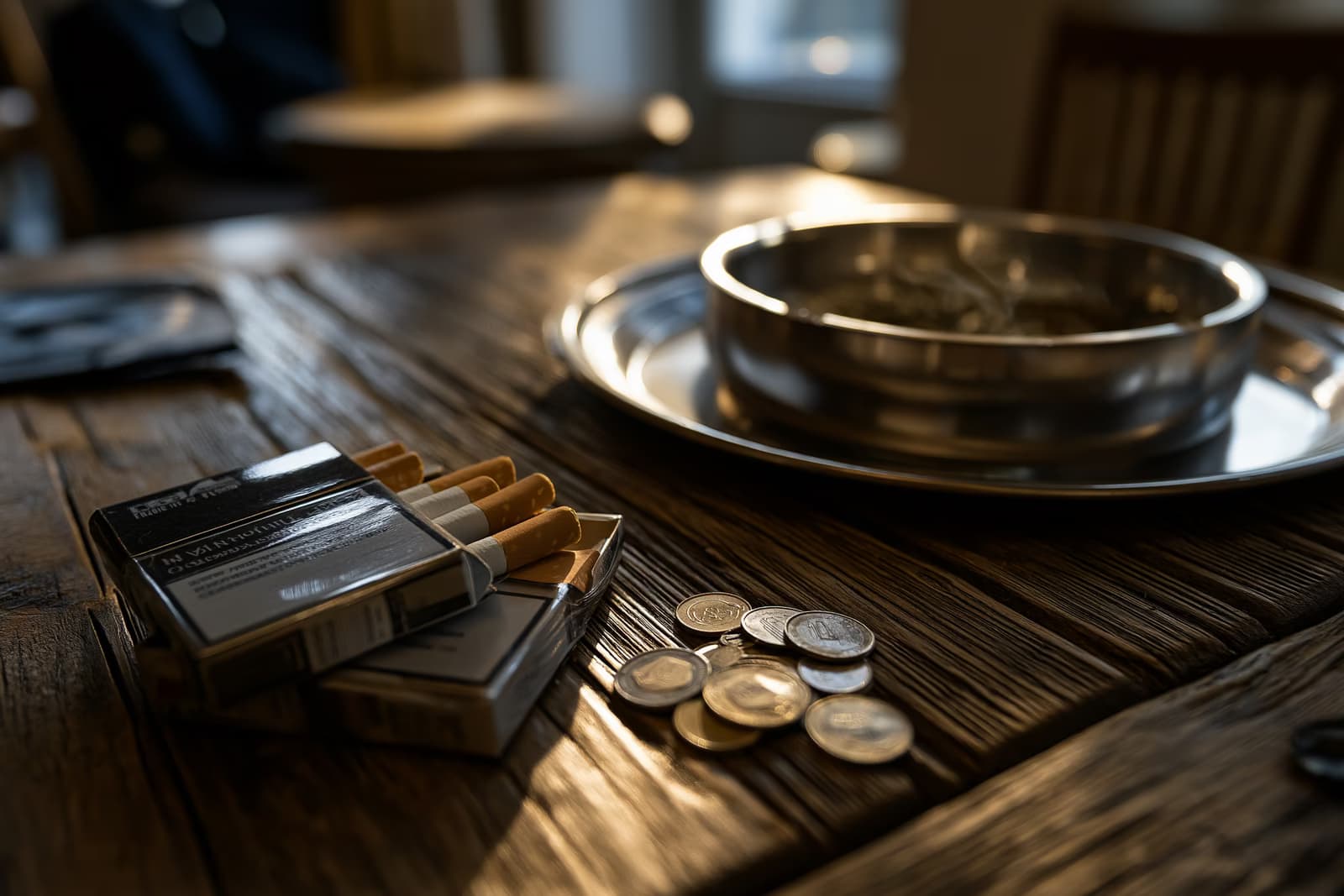 Un paquete de cigarrillos y monedas sueltas yacen sobre una mesa de bar desgastada junto a un cenicero vacío, lo que demuestra cómo el precio de los cigarrillos afecta el presupuesto de los fumadores.