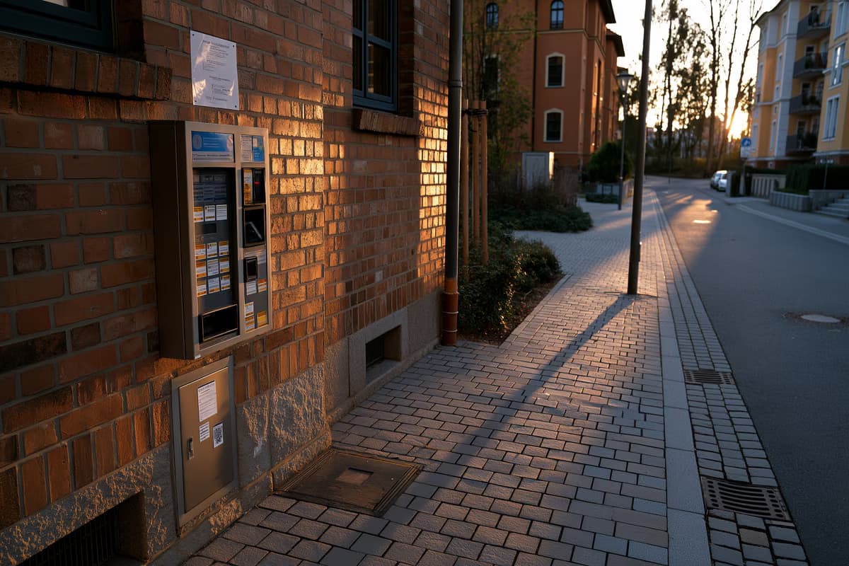 Una máquina expendedora de cigarrillos montada en una pared de ladrillos en una calle residencial alemana, iluminada por la luz del atardecer.