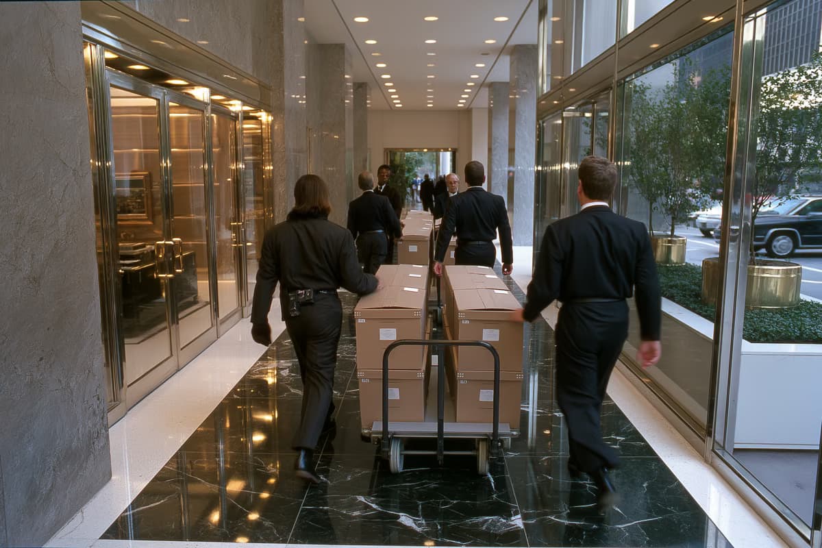 Funcionarios vestidos de civil transportan cajas de archivos sin identificar en una carretilla a través del elegante vestíbulo del banco, revestido de mármol y cristal.