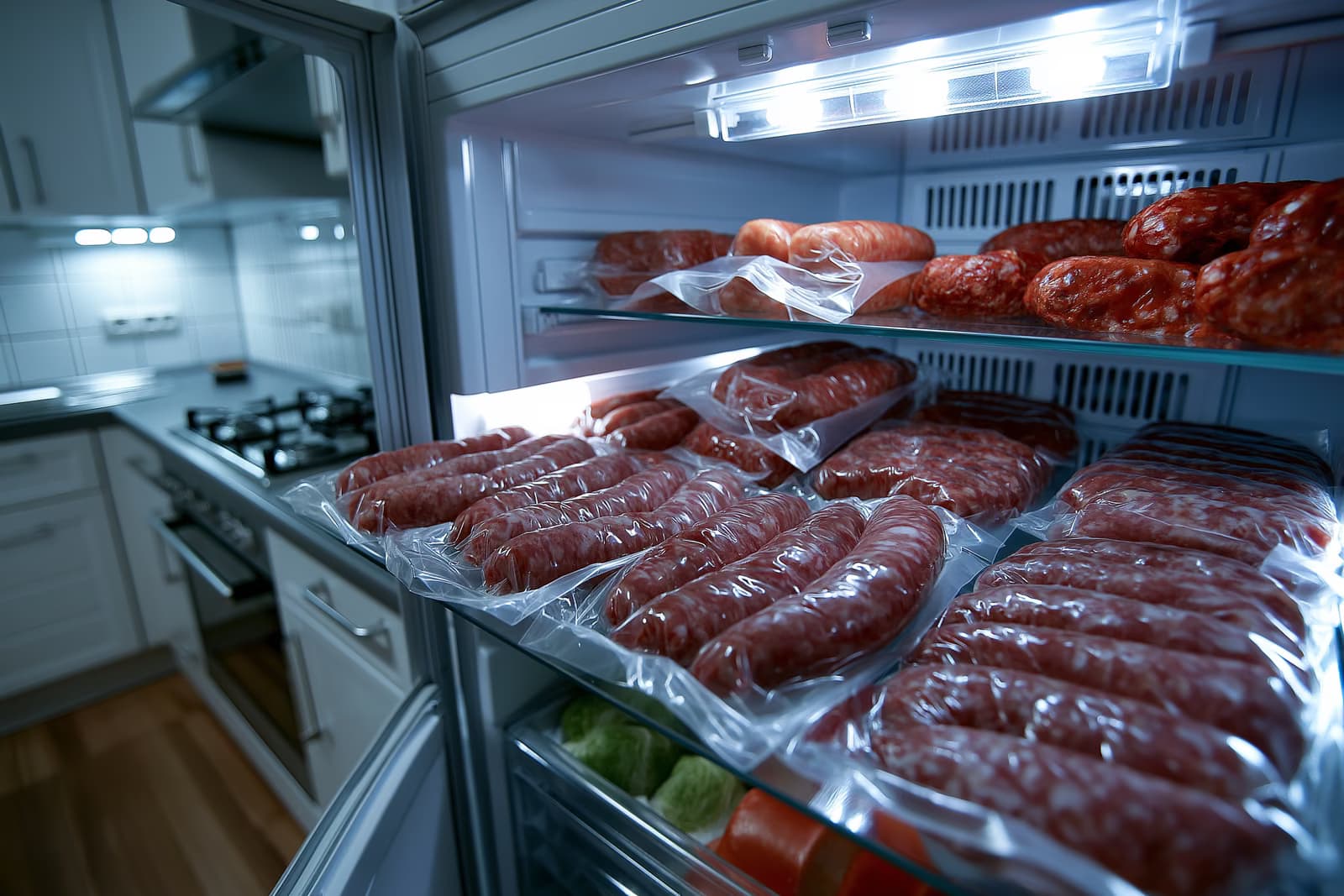 Un refrigerador abierto en una cocina alemana con salchichas crudas envasadas en un estante durante la retirada de salchichas de la EHEC.