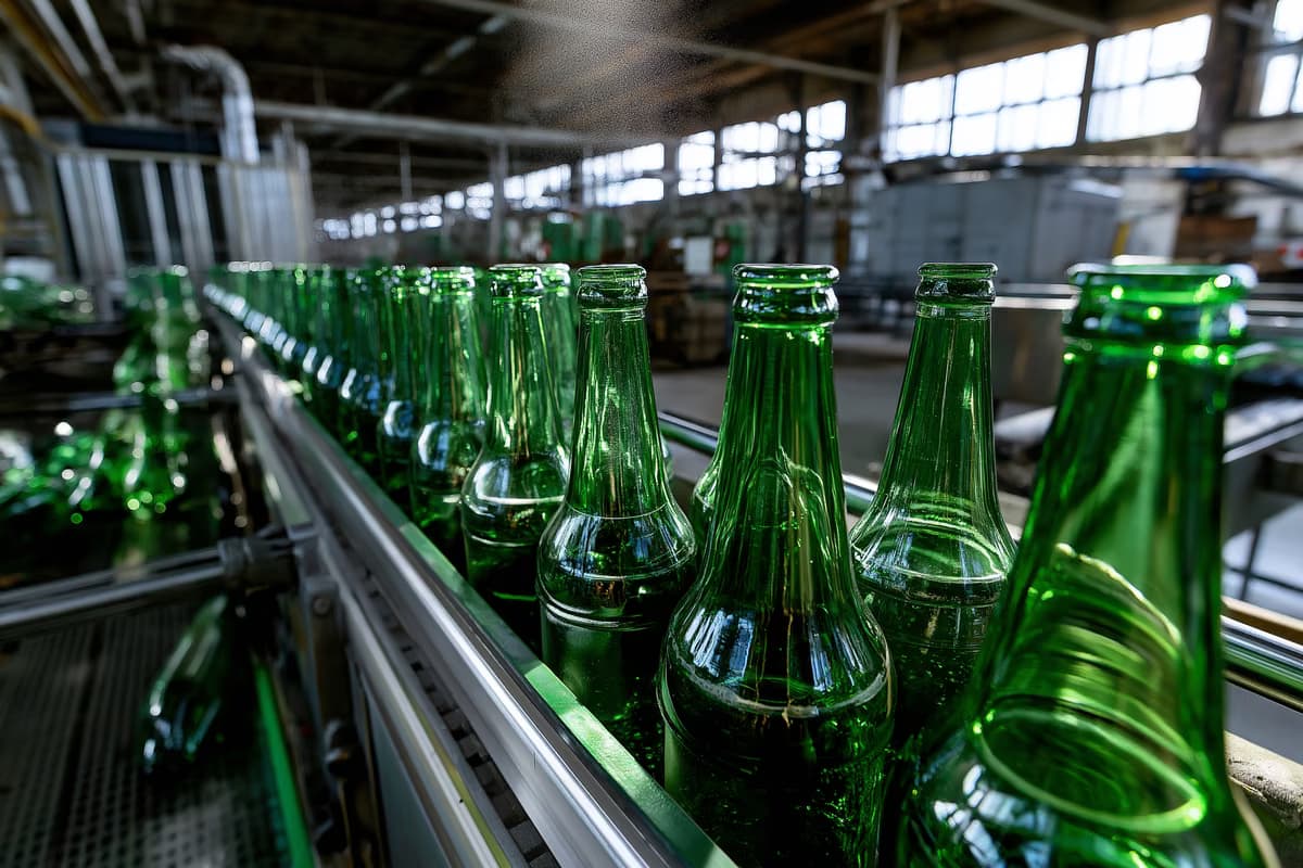 Filas de botellas vacías de cerveza verde se alinean en una cinta transportadora detenida en una oscura sala de embotellado.