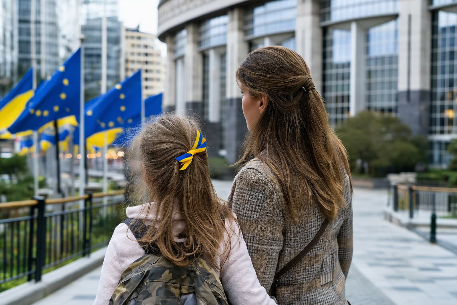 Una madre y su hija ucranianas observan banderas de la UE frente a un edificio de una institución europea tras la prórroga de la protección temporal para Ucrania.