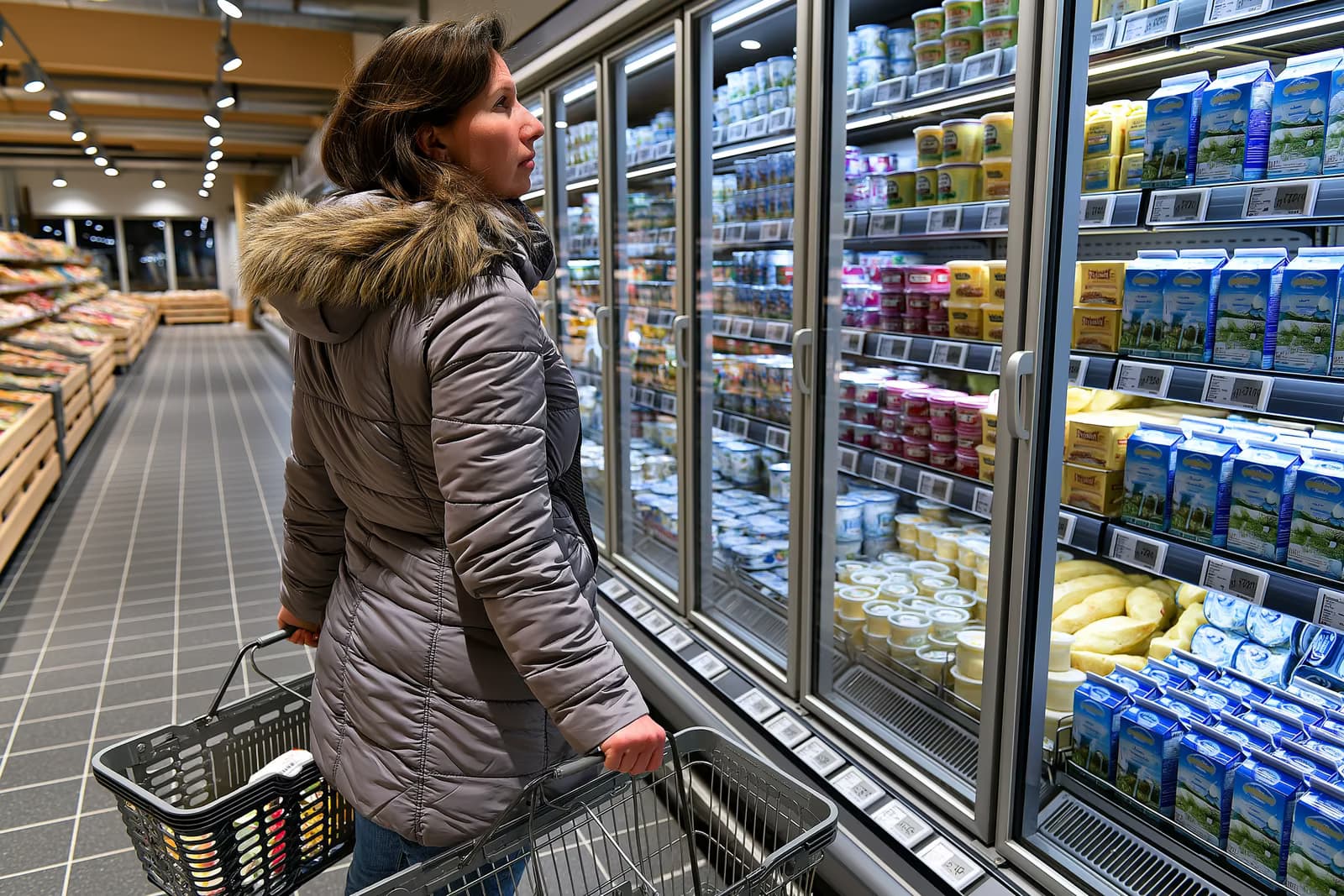 Una clienta compara los precios de los alimentos en los estantes de un supermercado en Alemania, sosteniendo un recibo frente a los productos lácteos y los huevos.