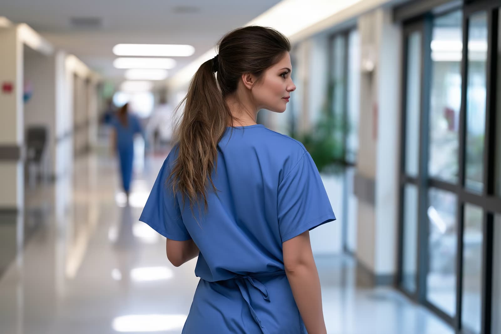 Un profesional sanitario con uniforme quirúrgico sencillo de pie en un pasillo luminoso de un hospital.