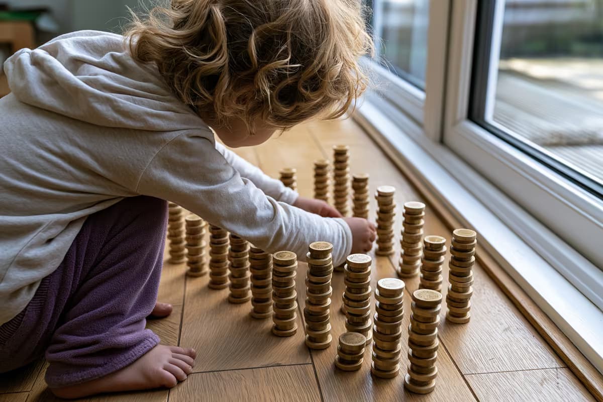 Una hucha junto a una pequeña pila de monedas de euro sobre un escritorio de madera.