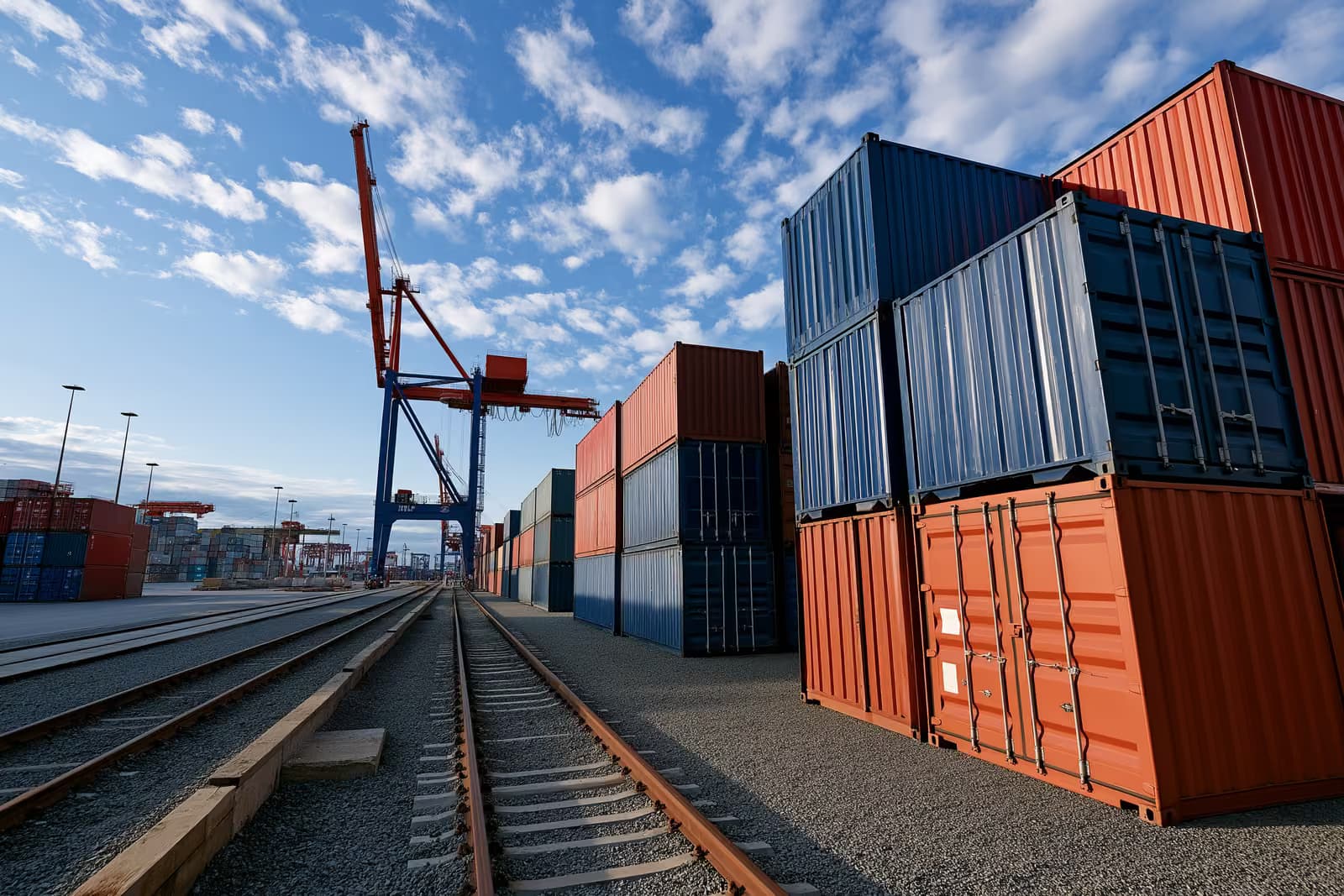 Contenedores de transporte apilados junto a una grúa pórtico de gran altura en una terminal de contenedores alemana bajo un cielo despejado.