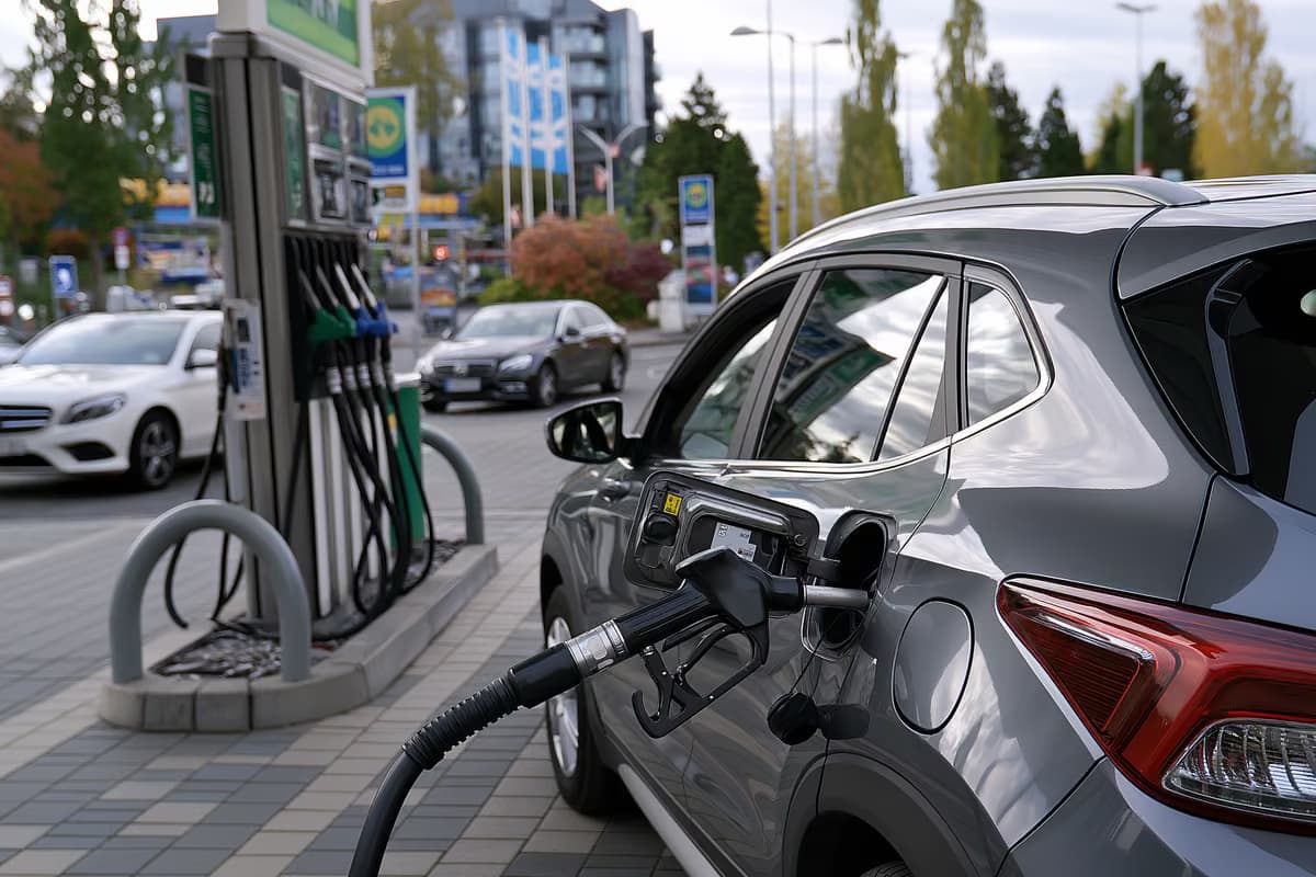 Una boquilla de surtidor de combustible descansando en un coche en una gasolinera alemana en un día nublado.
