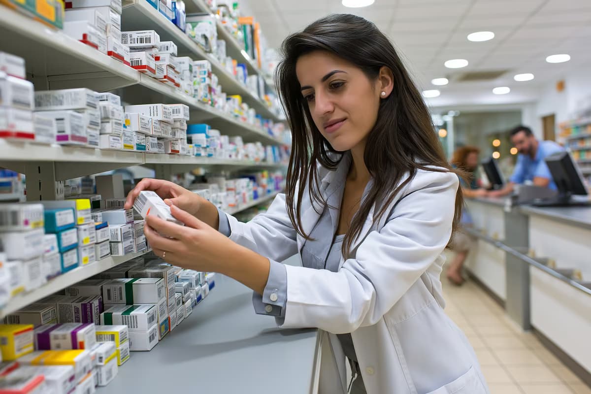 Un farmacéutico coloca cajas de medicamentos en un estante detrás del mostrador en una luminosa farmacia alemana.
