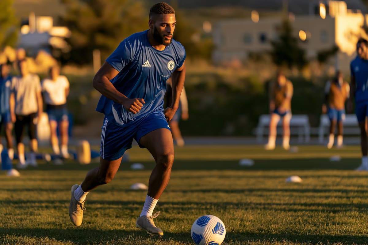 Un jugador zurdo con un uniforme de entrenamiento azul sin marca corre por la banda con el balón bajo una tenue luz dorada.
