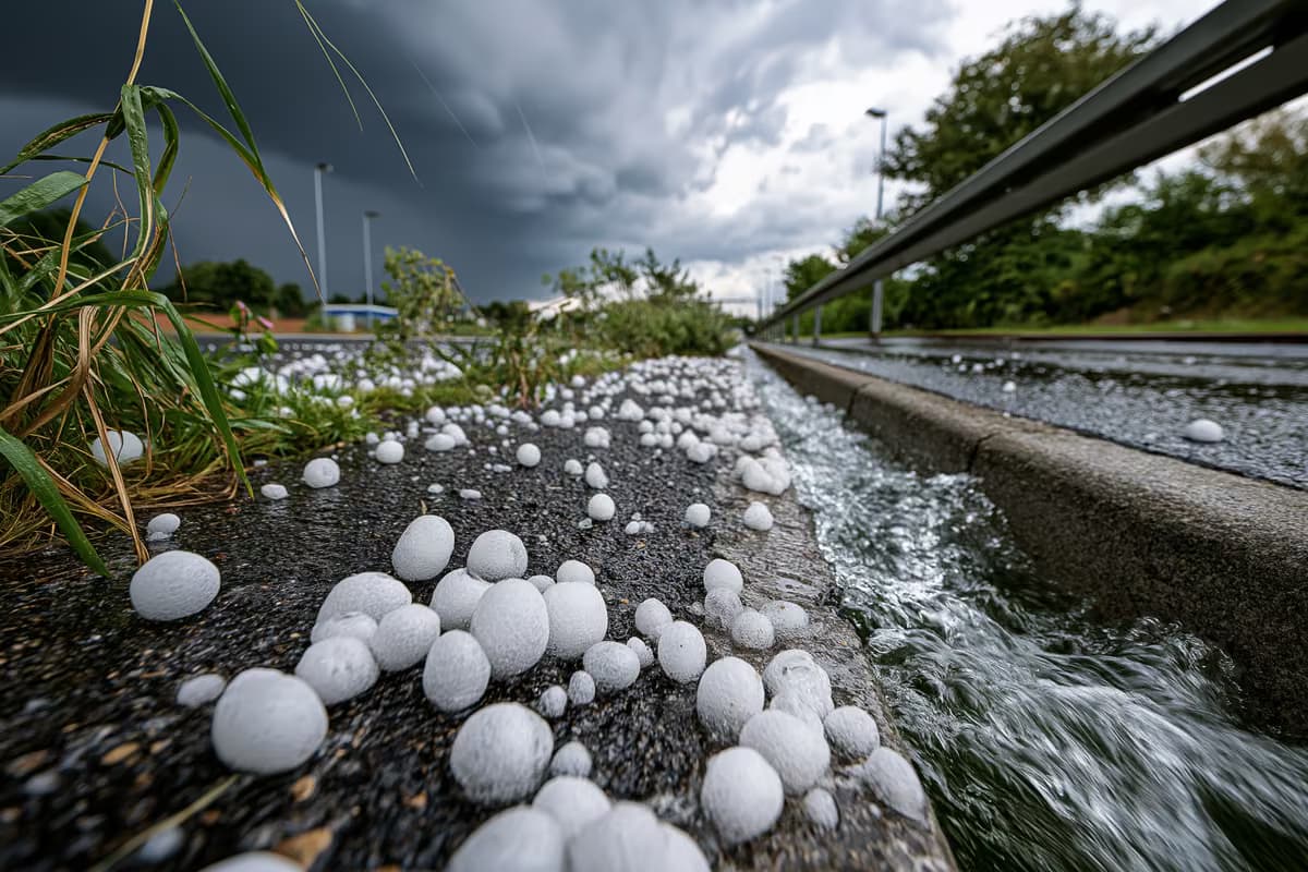 Granizo de gran tamaño esparcido sobre el pavimento mojado tras una tormenta de verano.