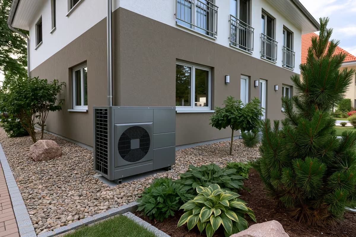 Una moderna unidad de bomba de calor instalada en el exterior de una vivienda residencial alemana.