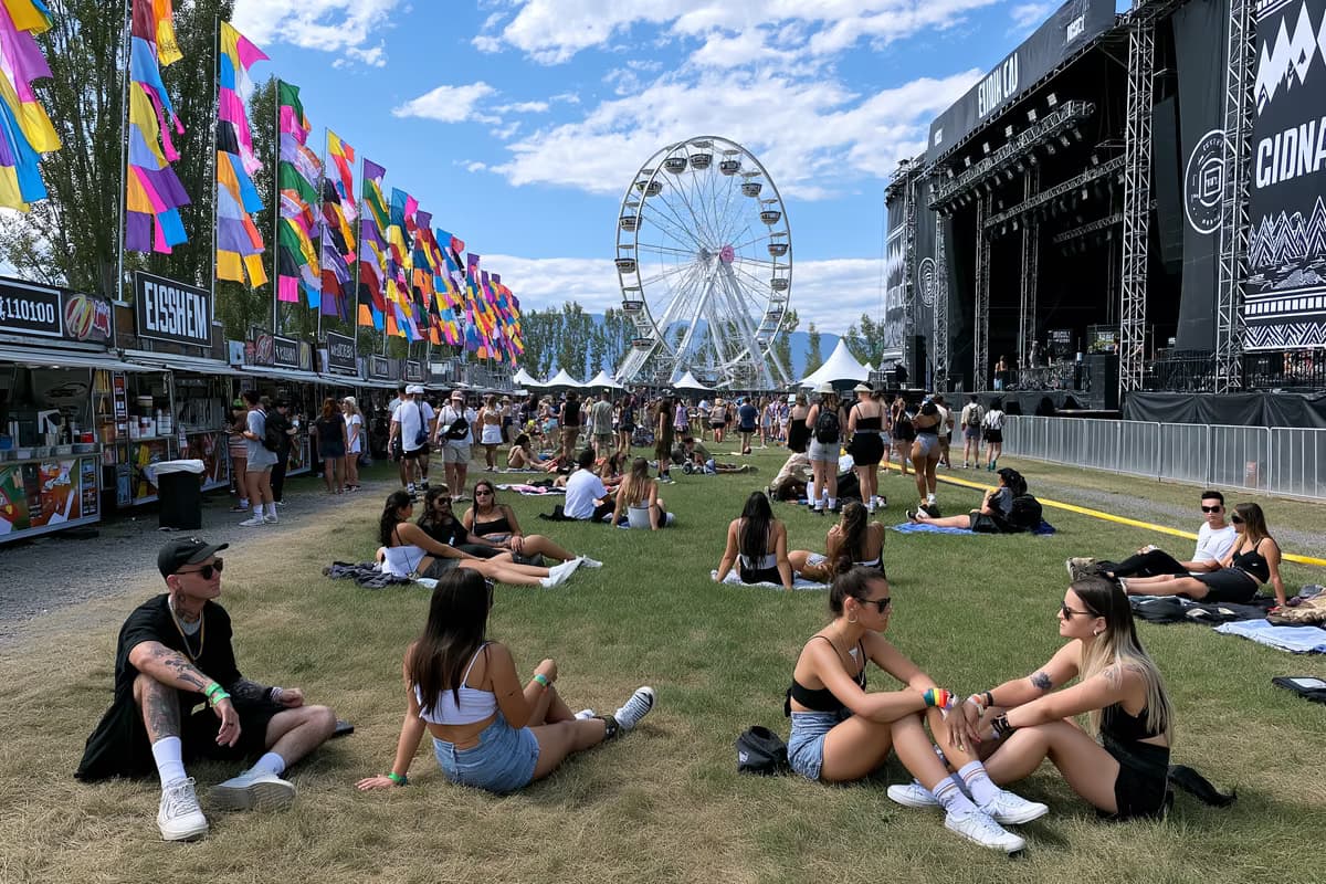 Recinto del festival Lollapalooza Berlín de día, con coloridas banderas, puestos de comida y visitantes relajándose en el césped.