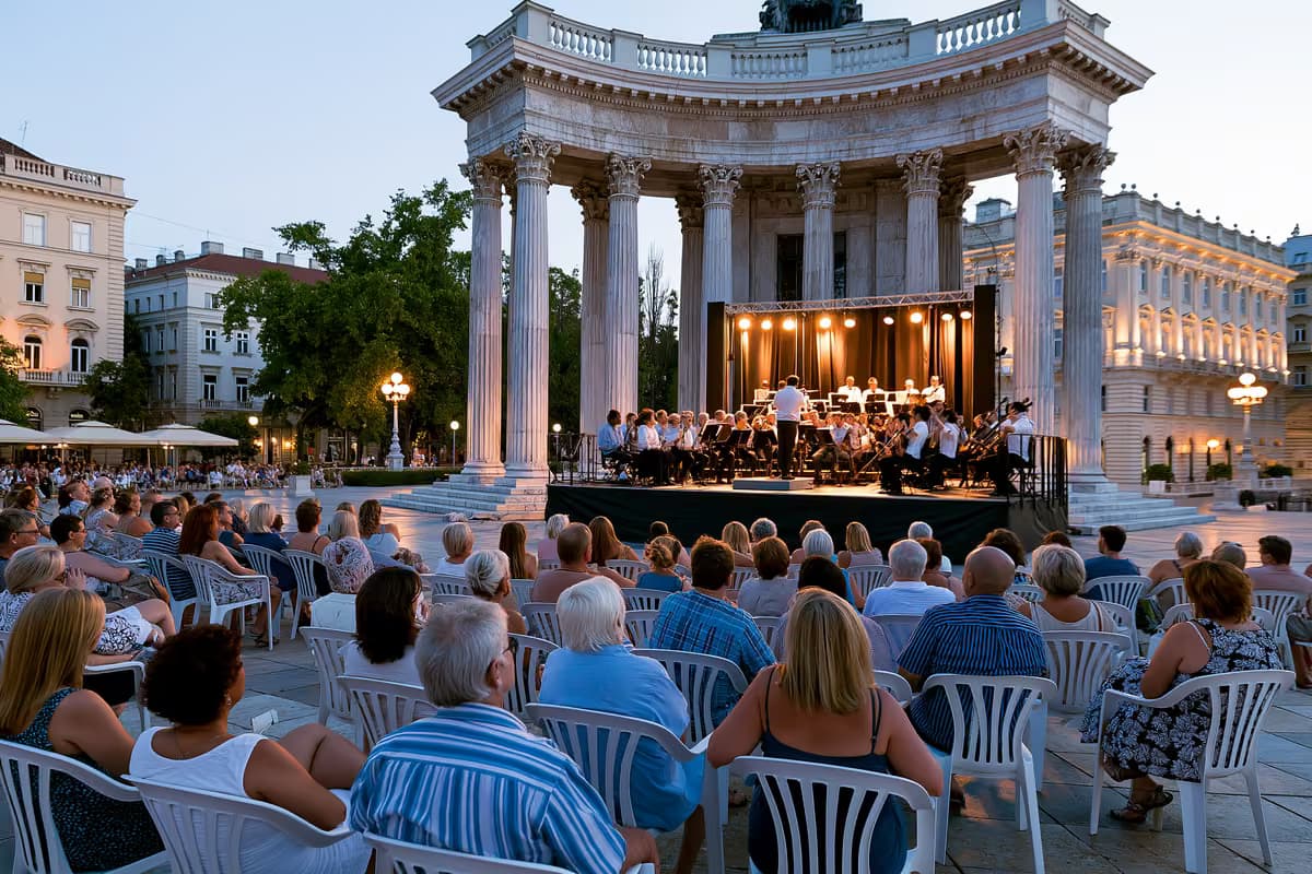 Un concierto de música clásica al aire libre en una plaza histórica de Múnich al atardecer.