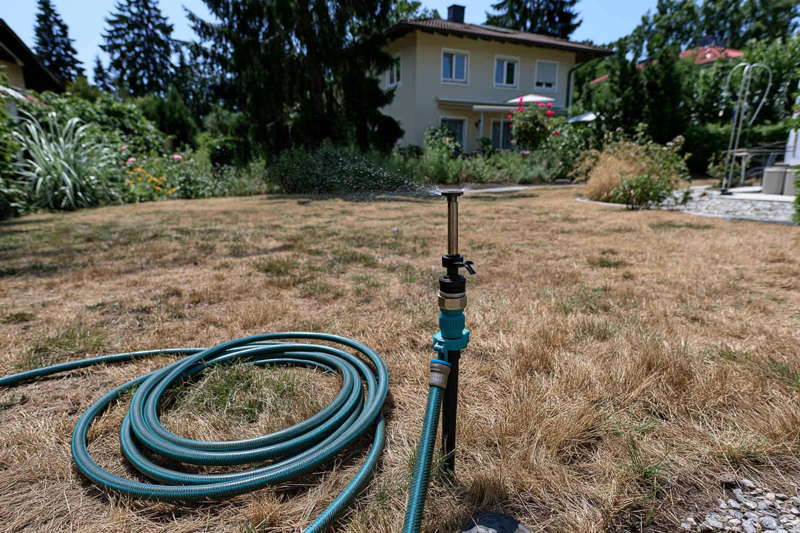 Un aspersor de jardín permanece inactivo sobre un césped seco y amarillento en un suburbio de Múnich durante la prohibición del agua en Múnich.