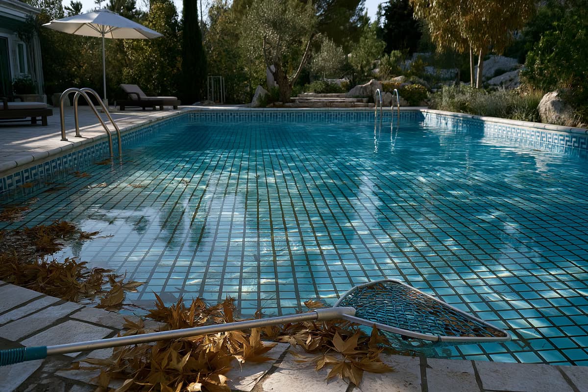 Una piscina privada en el patio trasero, medio vacía, con un recogedor de hojas sobre los azulejos calentados por el sol.