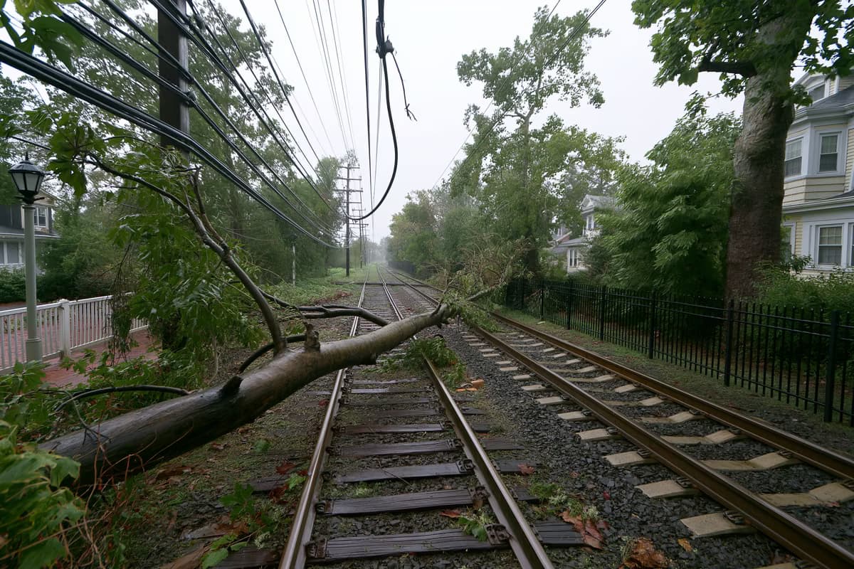 Una rama caída yace sobre las vías del tren suburbano bajo un cable aéreo dañado tras la tormenta en Franconia.