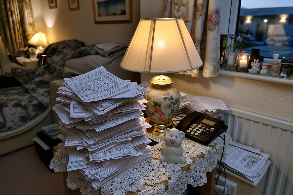 Una pila de facturas mensuales yace junto a una figurita de porcelana sobre una mesita auxiliar en la habitación de una residencia de ancianos, mostrando las crecientes facturas a las que se enfrentan los residentes.