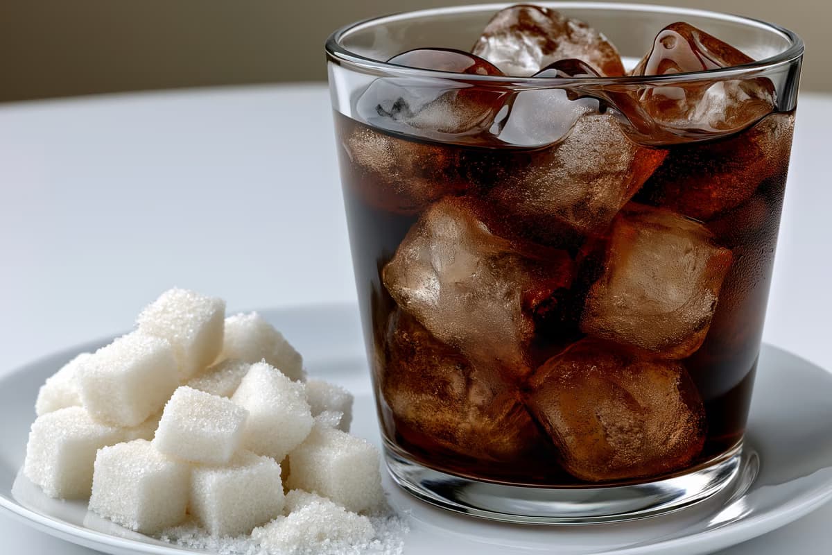 Un vaso de cola con hielo junto a un pequeño montón de terrones de azúcar blanca sobre una mesa blanca, que muestra el contenido de azúcar que subyace al debate fiscal.
