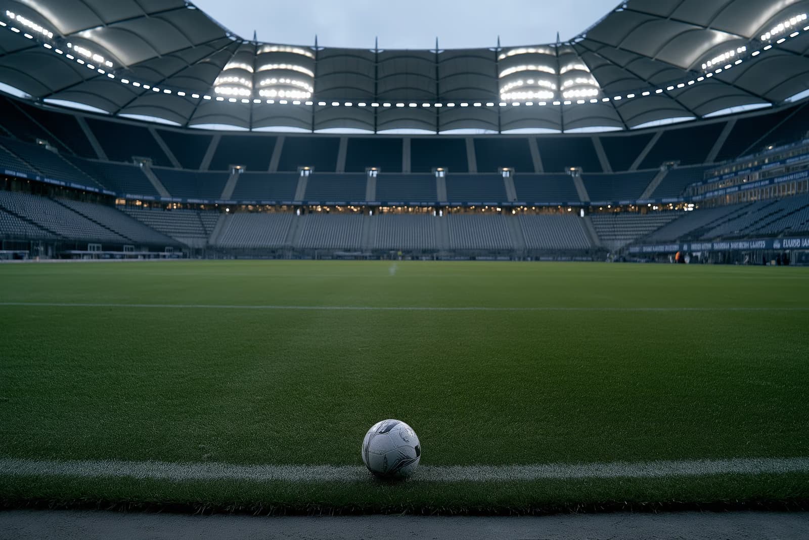 Un estadio de fútbol de Hamburgo vacío al anochecer, con los focos encendidos y un balón solitario en el centro del campo tras la salida de Vuskovic del HSV.