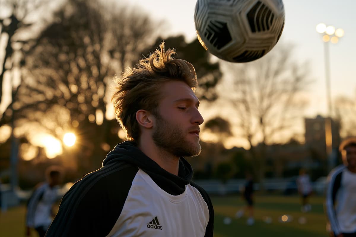 Un joven defensa, con equipación de entrenamiento básica, cabecea solo un balón en un campo de entrenamiento al atardecer.