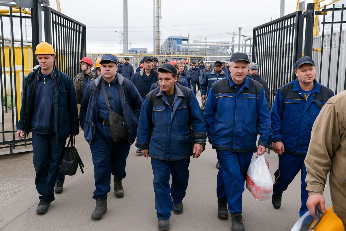 Obreros con monos de trabajo cruzando la puerta de la fábrica durante el cambio de turno bajo un cielo nublado.